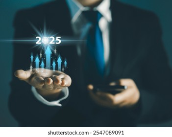The upward arrow, which represents the progress of the beginning of 2025, symbolizes business growth, future goals, and strategic planning, and the challenges of the new year.