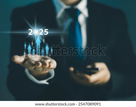 The upward arrow, which represents the progress of the beginning of 2025, symbolizes business growth, future goals, and strategic planning, and the challenges of the new year.