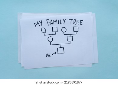 Blank family tree, notebook and pencil on wooden table, flat lay