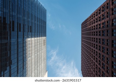 An upward perspective between two towering buildings—one clad in reflective glass and the other in textured red brick. 