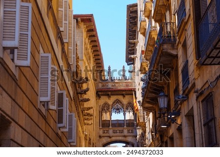Upward perspective capturing intricate architectural details of gothic buildings in Barcelona's historic quarter, showcasing stunning design elements.