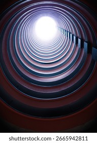 Upward perspective of a cylindrical architectural structure with concentric circular floors, leading to a bright white opening at the top. Minimalist, abstract, and modern design.