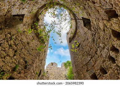 Upward view inside the ruins of the Puilaurens medieval Cathare castle in Aude, France