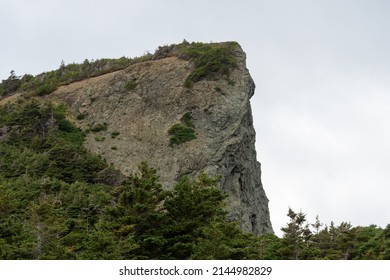 An Upward View Of A Large Steep Rocky Mountain Covered In Evergreen Trees At The Base Of The Hill. The Rock Face Is A Flat Cliff With A Long Drop. The Background Is A Grey Cloudy Sky.