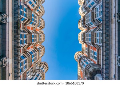 Upward View Of Old Regency Style Buildings On Sicilian Avenue In Bloomsbury, London, UK