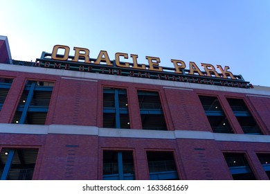 Upward View Of Oracle Park Sign, Home Of The San Francisco Giants Baseball Team. San Francisco, CA. February 2, 2020.