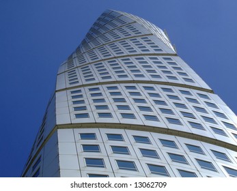 An Upward View Of The Turning Torso Twisted Tower Block In Malmo