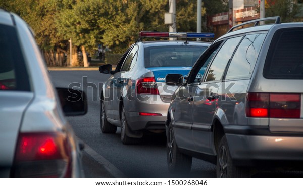 Uralsk,\
Kazakhstan, 23.08.2019: traffic police in the city on the road in\
Kazakhstan, police car in the city, zhol police of kazakhstan,\
дорожная полиция, жол полиция на\
дороге