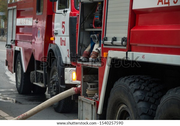 Uralsk, Kazakhstan, 24.10.2019: fire trucks, fire
hose, пожарная машина