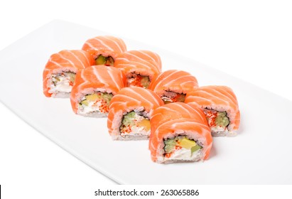 Uramaki Salmon Roll With Avocado. Can Be Used As A Background.