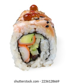 Uramaki salmon sushi roll inside out with red salmon caviar, avocado and cucmber, luxury delicious piece isolated on white