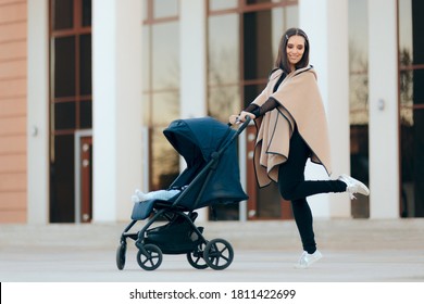 
 Urban Active Mother Walking Newborn In Baby Stroller. Cool Elegant New Mom Talking Newborn Outdoors 
