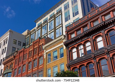 Urban Architecture Of Washington Dc Downtown Before Sunset. Historical Building In Front Of Modern Development.