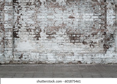Urban background, white ruined industrial brick wall with copy space - Shutterstock ID 601875461