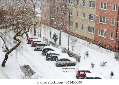 Urban city while snow flurry. Snow covered cars. Winter background.