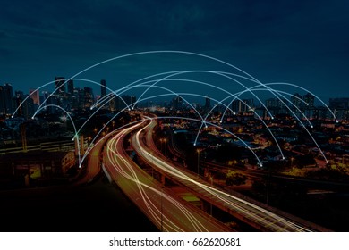 Urban cityscape with network connection, night city with futuristic connectivity networking