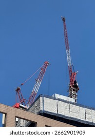 Urban development in progress. Two red and white tower cranes working on a skyscraper against a clear blue sky.