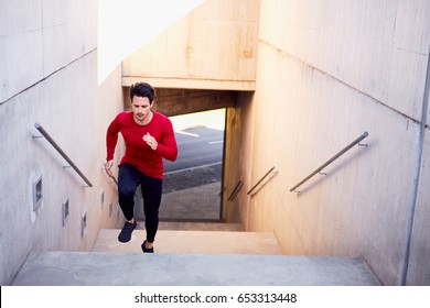 Urban Fitness, Young Man Running On Stairs Doing Interval Hiit Cardio Workout