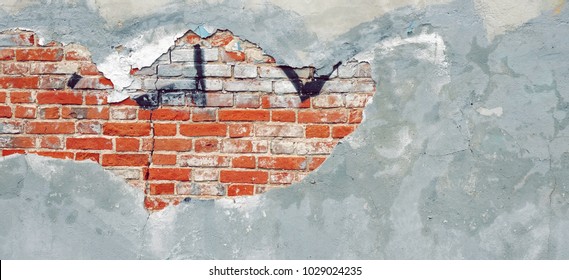 Urban Graffiti Grunge Colorful Brick Wall With Abstract Pattern Background Or Texture. Old Red Brickwall With Grafiti Street Art Elements And Details. Modern Street Art Concept. Web Banner