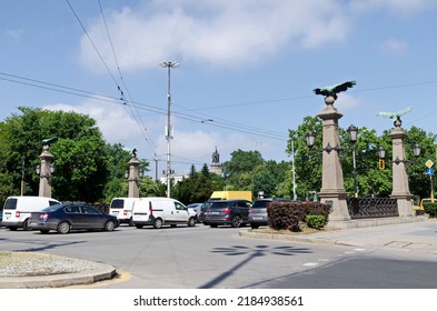 Urban infrastructure - Eagle bridge with intersection, traffic lights and eagle sculpture, Sofia, Bulgaria   