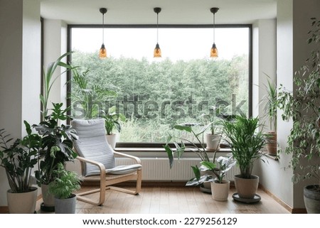 Urban jungle apartment. Grey armchair near big panoramic window, indoor plants, monstera, palm trees. Biophilia design. Cozy tropical home garden. Eco friendly decor of living room