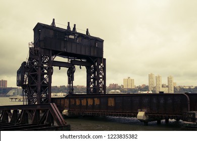 Urban Landscape, Overlooking The Hudson River In New Jersey, In The Forefront Of The Cargo Port Remnant. Retro Look.