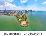 Urban Landscape of Residential Apartments Located at an Artificial Island near the Xiuying Port Container Terminal, Haikou City, Hainan Free Trade Zone of China. Aerial View.