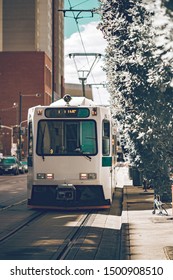 Urban Lifestyle In The Denver City Of Colorado State. Downtown District On A Sunny Day With Beautiful Sky. Amazing Buildings In The Heart Of Denver.