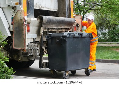 Urban Municipal Recycling Garbage Collector Truck Loading Waste And Trash Bin