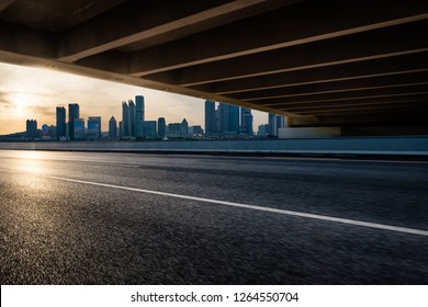 Urban road overpass in the sunset
