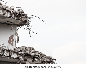 Urban Scene. Dismantling Of A House. Ruins Of Building Under Destruction. Industry.