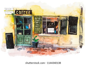 Urban Scenic Landscape Street Cafe Watercolor Illustration