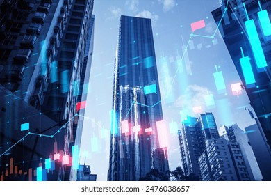 Urban skyscrapers with a double exposure of glowing financial graphs, in a concept of market analysis on a blue background