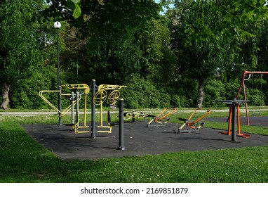 Urban Sports Ground With Weight Training And Exercise Equipment For Sports. Sports And Recreation Area. Empty Sports Ground Outdoor Workout In A Park.