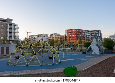 Urban Street City Malmo Sweden Europe Modern Residential Architecture And Children Playground