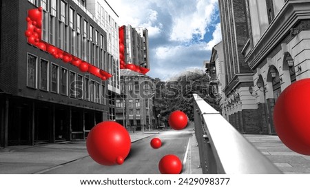 Urban street with monochrome modern buildings, oversized red spherical sculptures with partly cloudy sky. Contemporary art collage. Concept of architecture, real estate marketing, urban style
