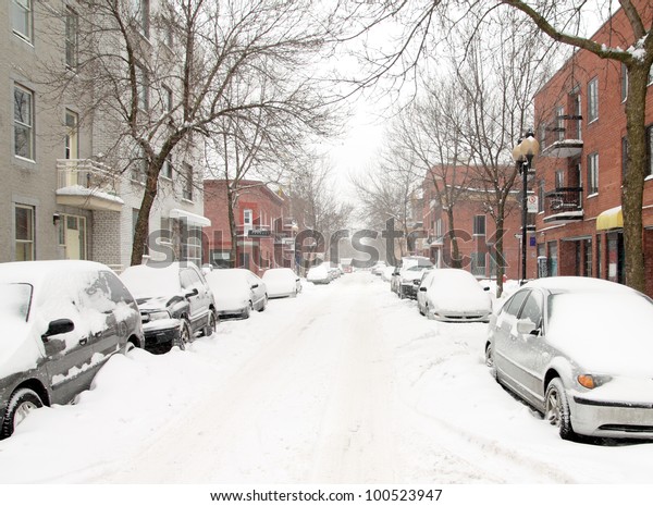urban street in a snow\
storm