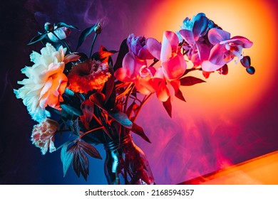 Urban Sunset. Live Flowers, Creative Floral Composition Over Purple-yellow Background In Neon Light. Concept Of Floristry, Decorations, Creativity, Decor And Ad. Design For Wallpaper