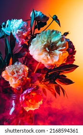 Urban Sunset. Live Flowers, Creative Floral Composition Over Purple-yellow Background In Neon Light. Concept Of Floristry, Decorations, Creativity, Decor And Ad. Design For Wallpaper