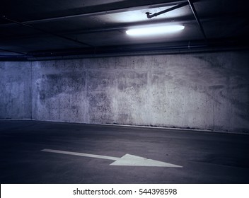 Urban Underground Background. Concrete Wall Under The Lamp Light In The Dark.