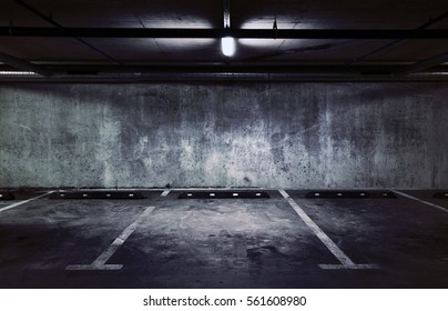 Urban Underground Background. Concrete Wall Under The Lamp Light In The Dark.