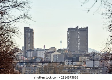 Urban View With Concrete Brutalist Buildings In Vozdovac District, Belgrade, Serbia.