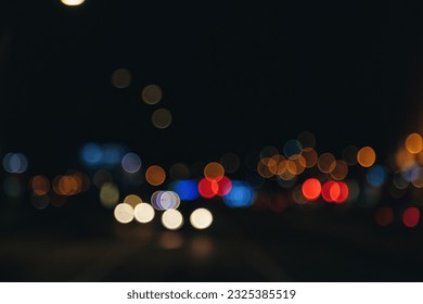 Urban view on Hong Kong city night highway with cars and street lamps blurred light, wallpaper. Defocused lights, style color tone. Abstract stylish backgrounds, design concept. Copy ad text space