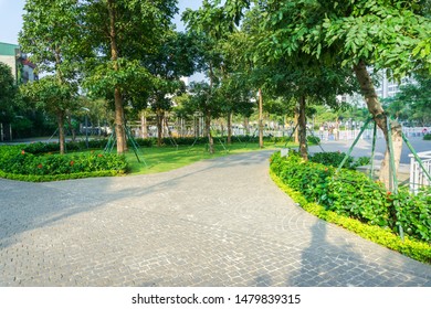 Urban Walking Road Among Green Trees Inside Modern Apartment Building Area In Big City