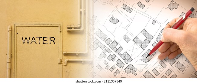 Urban Water Supply Planning - Concept Image With A Metal Box For Water Meter And An Imaginary City Map.