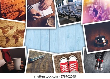 Urban youth lifestyle photo collage, various young adult way of life themed pictures on wooden desk.