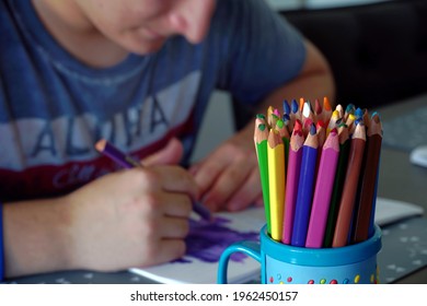 Urdorf, Switzerland - 08 06 2020: Art Therapy Of A Teenager With Autistic Spectrum Disorder. It Is A Recognized Therapeutic Method For Treatment Of Various Disorders.