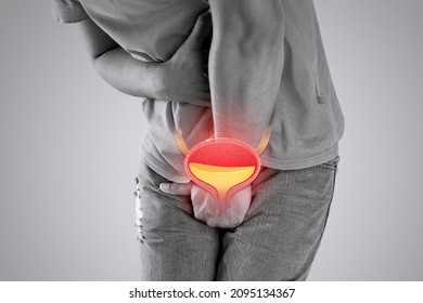 Urethra-Illustration auf dem männlichen Körper auf grauem Hintergrund.