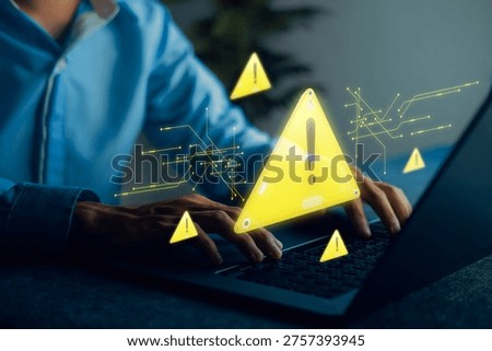 Urgent cybersecurity warning alert for data breach prevention home office digital alert indoor environment close-up viewpoint cybersecurity preparedness