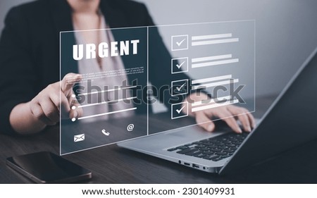 Urgent in Discovery Investigation Concept, checklist, and clipboard task documentation management, business people working laptop checklist questionnaire assessment form online survey.